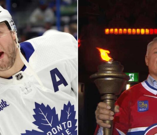 A split-screen image featuring Toronto Maple Leafs alternate captain Morgan Rielly in a white jersey on the left, and NHL legend Claude Lemieux in a red Montreal Canadiens jersey holding a lit ceremonial torch on the right.
