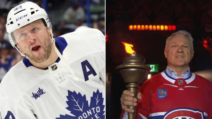 A split-screen image featuring Toronto Maple Leafs alternate captain Morgan Rielly in a white jersey on the left, and NHL legend Claude Lemieux in a red Montreal Canadiens jersey holding a lit ceremonial torch on the right.