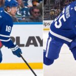 St. Louis Blues players Robert Thomas and Colton Parayko visualized wearing Toronto Maple Leafs home jerseys, illustrating the Darren Dreger trade rumor involving the 1st overall pick.