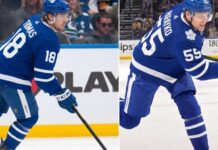 St. Louis Blues players Robert Thomas and Colton Parayko visualized wearing Toronto Maple Leafs home jerseys, illustrating the Darren Dreger trade rumor involving the 1st overall pick.