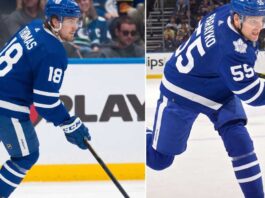 Toronto Maple Leafs Trade Rumors: 1st Overall Pick for Parayko & Thomas? St. Louis Blues players Robert Thomas and Colton Parayko visualized wearing Toronto Maple Leafs home jerseys, illustrating the Darren Dreger trade rumor involving the 1st overall pick.
