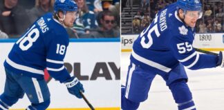 Toronto Maple Leafs Trade Rumors: 1st Overall Pick for Parayko & Thomas? St. Louis Blues players Robert Thomas and Colton Parayko visualized wearing Toronto Maple Leafs home jerseys, illustrating the Darren Dreger trade rumor involving the 1st overall pick.