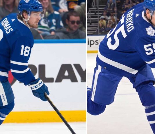 St. Louis Blues players Robert Thomas and Colton Parayko visualized wearing Toronto Maple Leafs home jerseys, illustrating the Darren Dreger trade rumor involving the 1st overall pick.