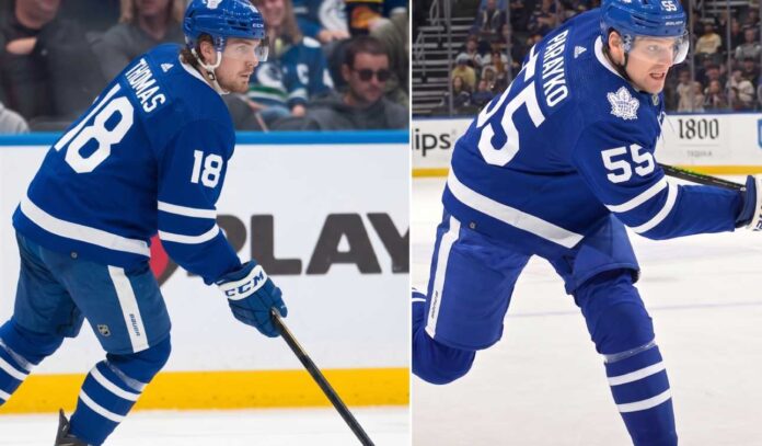 St. Louis Blues players Robert Thomas and Colton Parayko visualized wearing Toronto Maple Leafs home jerseys, illustrating the Darren Dreger trade rumor involving the 1st overall pick.
