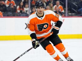 Matty Beniers Philadelphia Flyers home jersey swap NHL trade rumor visualization.
