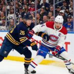 Watch Nick Suzuki and Rasmus Dahlin battle for the puck in the Montreal Canadiens vs. Buffalo Sabres playoff game on May 6, 2026.
