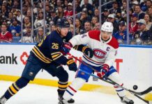 Watch Nick Suzuki and Rasmus Dahlin battle for the puck in the Montreal Canadiens vs. Buffalo Sabres playoff game on May 6, 2026.