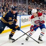 How to Watch Montreal Canadiens vs Buffalo Sabres Game 5 Tonight Montreal Canadiens Cole Caufield battles Buffalo Sabres Rasmus Dahlin for a loose puck during 2026 NHL Playoffs action at KeyBank Center.