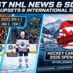 NHL news composite infographic showing Anaheim Ducks eliminating Edmonton Oilers in Game 6, Minnesota Wild advancing, and Hockey Canada withdrawing from the 2026 Spengler Cup.