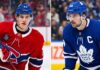 Latest NHL News and NHL Scores: May 10 Playoff Results & Injury Updates A split image featuring Montreal Canadiens rookie Ivan Demidov in his red number 93 jersey and Toronto Maple Leafs captain Auston Matthews in his blue number 34 jersey. Both players are the primary focus of today's latest NHL news regarding injuries and contract rumors.