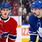 A split image featuring Montreal Canadiens rookie Ivan Demidov in his red number 93 jersey and Toronto Maple Leafs captain Auston Matthews in his blue number 34 jersey. Both players are the primary focus of today's latest NHL news regarding injuries and contract rumors.