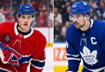 Latest NHL News and NHL Scores: May 10 Playoff Results & Injury Updates A split image featuring Montreal Canadiens rookie Ivan Demidov in his red number 93 jersey and Toronto Maple Leafs captain Auston Matthews in his blue number 34 jersey. Both players are the primary focus of today's latest NHL news regarding injuries and contract rumors.