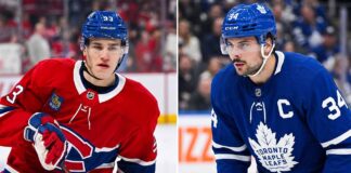 A split image featuring Montreal Canadiens rookie Ivan Demidov in his red number 93 jersey and Toronto Maple Leafs captain Auston Matthews in his blue number 34 jersey. Both players are the primary focus of today's latest NHL news regarding injuries and contract rumors.