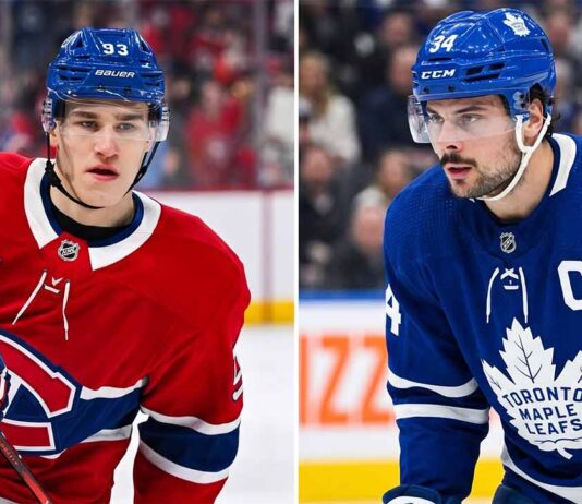 A split image featuring Montreal Canadiens rookie Ivan Demidov in his red number 93 jersey and Toronto Maple Leafs captain Auston Matthews in his blue number 34 jersey. Both players are the primary focus of today's latest NHL news regarding injuries and contract rumors.