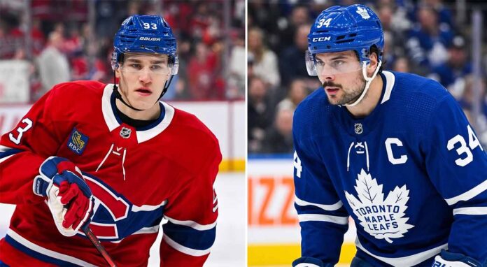 A split image featuring Montreal Canadiens rookie Ivan Demidov in his red number 93 jersey and Toronto Maple Leafs captain Auston Matthews in his blue number 34 jersey. Both players are the primary focus of today's latest NHL news regarding injuries and contract rumors.