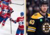 Latest NHL News and NHL Scores: May 11 Playoff Results & Rumors A split-screen sports graphic from HHL showing Montreal Canadiens players celebrating a goal on the ice in their red jerseys (with SLAFKO 20 and DEMIDOV 93 visible), contrasted with a portrait of Elias Pettersson wearing a Boston Bruins #40 jersey. Top text reads "MONTREAL CANADIENS CELEBRATION" and "ELIAS PETTERSSON (Bruins)".