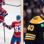 A split-screen sports graphic from HHL showing Montreal Canadiens players celebrating a goal on the ice in their red jerseys (with SLAFKO 20 and DEMIDOV 93 visible), contrasted with a portrait of Elias Pettersson wearing a Boston Bruins #40 jersey. Top text reads "MONTREAL CANADIENS CELEBRATION" and "ELIAS PETTERSSON (Bruins)".