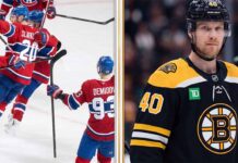 Latest NHL News and NHL Scores: May 11 Playoff Results & Rumors A split-screen sports graphic from HHL showing Montreal Canadiens players celebrating a goal on the ice in their red jerseys (with SLAFKO 20 and DEMIDOV 93 visible), contrasted with a portrait of Elias Pettersson wearing a Boston Bruins #40 jersey. Top text reads "MONTREAL CANADIENS CELEBRATION" and "ELIAS PETTERSSON (Bruins)".