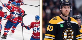 A split-screen sports graphic from HHL showing Montreal Canadiens players celebrating a goal on the ice in their red jerseys (with SLAFKO 20 and DEMIDOV 93 visible), contrasted with a portrait of Elias Pettersson wearing a Boston Bruins #40 jersey. Top text reads "MONTREAL CANADIENS CELEBRATION" and "ELIAS PETTERSSON (Bruins)".