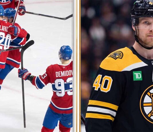 A split-screen sports graphic from HHL showing Montreal Canadiens players celebrating a goal on the ice in their red jerseys (with SLAFKO 20 and DEMIDOV 93 visible), contrasted with a portrait of Elias Pettersson wearing a Boston Bruins #40 jersey. Top text reads "MONTREAL CANADIENS CELEBRATION" and "ELIAS PETTERSSON (Bruins)".