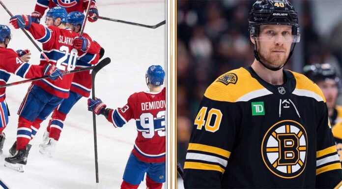 A split-screen sports graphic from HHL showing Montreal Canadiens players celebrating a goal on the ice in their red jerseys (with SLAFKO 20 and DEMIDOV 93 visible), contrasted with a portrait of Elias Pettersson wearing a Boston Bruins #40 jersey. Top text reads "MONTREAL CANADIENS CELEBRATION" and "ELIAS PETTERSSON (Bruins)".