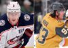 A split image featuring Charlie Coyle in a Columbus Blue Jackets jersey and Mitch Marner in a Vegas Golden Knights jersey, highlighting key figures in today's NHL news and trade rumors.
