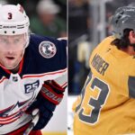 A split image featuring Charlie Coyle in a Columbus Blue Jackets jersey and Mitch Marner in a Vegas Golden Knights jersey, highlighting key figures in today's NHL news and trade rumors.