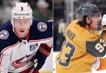 A split image featuring Charlie Coyle in a Columbus Blue Jackets jersey and Mitch Marner in a Vegas Golden Knights jersey, highlighting key figures in today's NHL news and trade rumors.