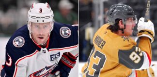 Latest NHL News & NHL Scores: 2026 Stanley Cup Playoffs Updates A split image featuring Charlie Coyle in a Columbus Blue Jackets jersey and Mitch Marner in a Vegas Golden Knights jersey, highlighting key figures in today's NHL news and trade rumors.