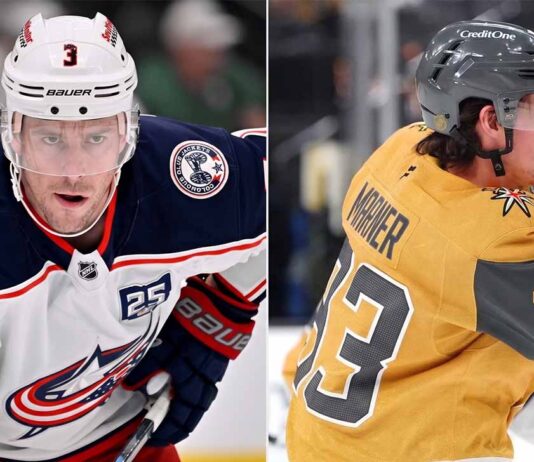 A split image featuring Charlie Coyle in a Columbus Blue Jackets jersey and Mitch Marner in a Vegas Golden Knights jersey, highlighting key figures in today's NHL news and trade rumors.