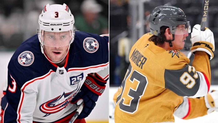nhl-news-may-12-2026 A split image featuring Charlie Coyle in a Columbus Blue Jackets jersey and Mitch Marner in a Vegas Golden Knights jersey, highlighting key figures in today's NHL news and trade rumors.