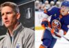 Latest NHL News and NHL Scores: Oilers Fire Knoblauch, Avs Advance A split image featuring Kris Knoblauch (left) at an Edmonton Oilers press conference, and Matthew Schaefer (right) in action wearing his New York Islanders rookie jersey.