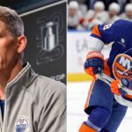 Latest NHL News and NHL Scores: Oilers Fire Knoblauch, Avs Advance A split image featuring Kris Knoblauch (left) at an Edmonton Oilers press conference, and Matthew Schaefer (right) in action wearing his New York Islanders rookie jersey.