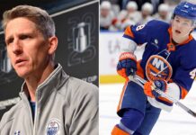 A split image featuring Kris Knoblauch (left) at an Edmonton Oilers press conference, and Matthew Schaefer (right) in action wearing his New York Islanders rookie jersey.