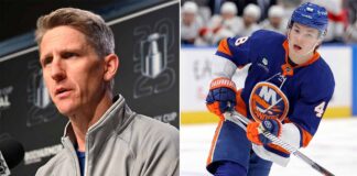 A split image featuring Kris Knoblauch (left) at an Edmonton Oilers press conference, and Matthew Schaefer (right) in action wearing his New York Islanders rookie jersey.