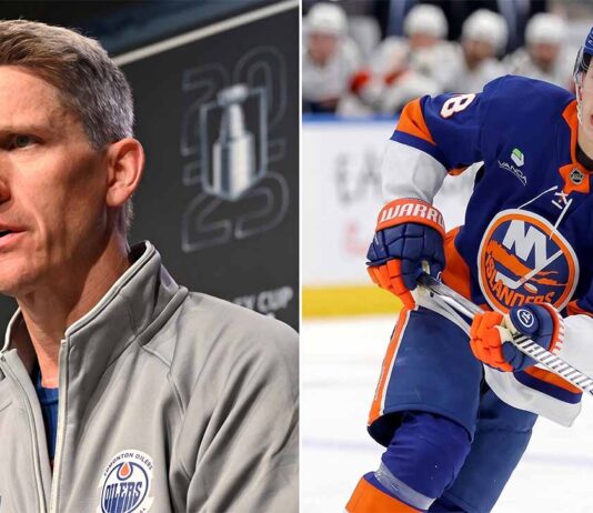 Latest NHL News and NHL Scores: Oilers Fire Knoblauch, Avs Advance A split image featuring Kris Knoblauch (left) at an Edmonton Oilers press conference, and Matthew Schaefer (right) in action wearing his New York Islanders rookie jersey.