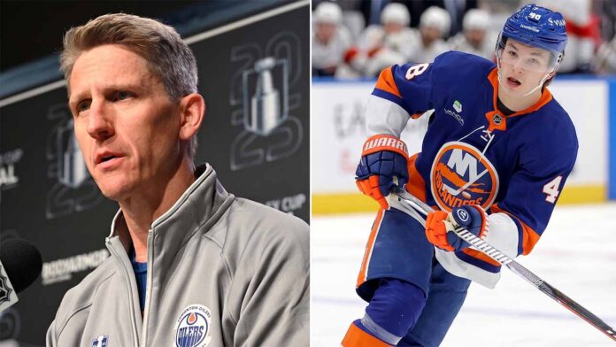 A split image featuring Kris Knoblauch (left) at an Edmonton Oilers press conference, and Matthew Schaefer (right) in action wearing his New York Islanders rookie jersey.