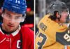 Split-frame professional portrait of Montreal Canadiens captain Nick Suzuki and Vegas Golden Knights star Mitch Marner, two key figures from the latest NHL News and NHL Scores playoff updates on Vegas' advancement and Montreal's series lead.