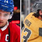 Split-frame professional portrait of Montreal Canadiens captain Nick Suzuki and Vegas Golden Knights star Mitch Marner, two key figures from the latest NHL News and NHL Scores playoff updates on Vegas' advancement and Montreal's series lead.