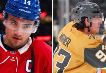 Split-frame professional portrait of Montreal Canadiens captain Nick Suzuki and Vegas Golden Knights star Mitch Marner, two key figures from the latest NHL News and NHL Scores playoff updates on Vegas' advancement and Montreal's series lead.