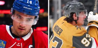 Split-frame professional portrait of Montreal Canadiens captain Nick Suzuki and Vegas Golden Knights star Mitch Marner, two key figures from the latest NHL News and NHL Scores playoff updates on Vegas' advancement and Montreal's series lead.