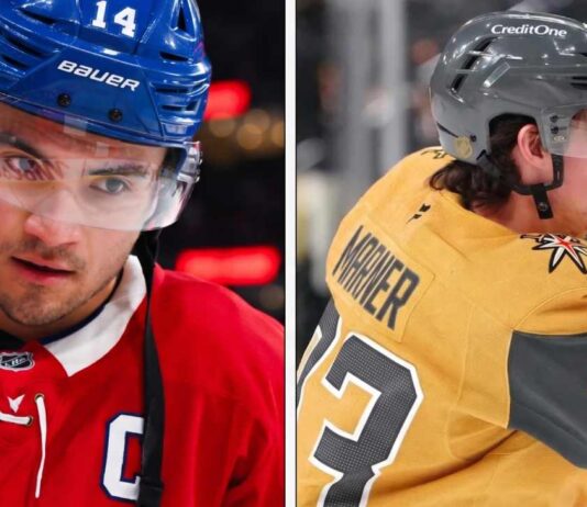 Split-frame professional portrait of Montreal Canadiens captain Nick Suzuki and Vegas Golden Knights star Mitch Marner, two key figures from the latest NHL News and NHL Scores playoff updates on Vegas' advancement and Montreal's series lead.