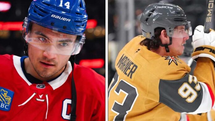 Split-frame professional portrait of Montreal Canadiens captain Nick Suzuki and Vegas Golden Knights star Mitch Marner, two key figures from the latest NHL News and NHL Scores playoff updates on Vegas' advancement and Montreal's series lead.