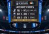 A large arena jumbotron hanging above the ice displaying last night's NHL scores for the Stanley Cup Playoffs. The screen shows TBL 1, MTL 0 (OT); BUF 4, BOS 1; and VGK 5, UTA 1, with the headline 'SERIES WIN - VGK ADVANCES.'