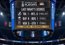 A large arena jumbotron hanging above the ice displaying last night's NHL scores for the Stanley Cup Playoffs. The screen shows TBL 1, MTL 0 (OT); BUF 4, BOS 1; and VGK 5, UTA 1, with the headline 'SERIES WIN - VGK ADVANCES.'