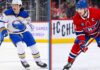 NHL News & NHL Scores: Canadiens Dominate Game 1 (May 22) Split photo of Owen Power (Buffalo Sabres #25, white jersey) and Nick Suzuki (Montreal Canadiens #14, red captain jersey).
