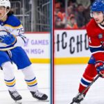 NHL News & NHL Scores: Canadiens Dominate Game 1 (May 22) Split photo of Owen Power (Buffalo Sabres #25, white jersey) and Nick Suzuki (Montreal Canadiens #14, red captain jersey).