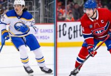 Split photo of Owen Power (Buffalo Sabres #25, white jersey) and Nick Suzuki (Montreal Canadiens #14, red captain jersey).