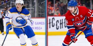 NHL News & NHL Scores: Canadiens Dominate Game 1 (May 22) Split photo of Owen Power (Buffalo Sabres #25, white jersey) and Nick Suzuki (Montreal Canadiens #14, red captain jersey).