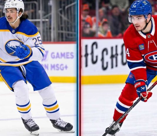 NHL News & NHL Scores: Canadiens Dominate Game 1 (May 22) Split photo of Owen Power (Buffalo Sabres #25, white jersey) and Nick Suzuki (Montreal Canadiens #14, red captain jersey).